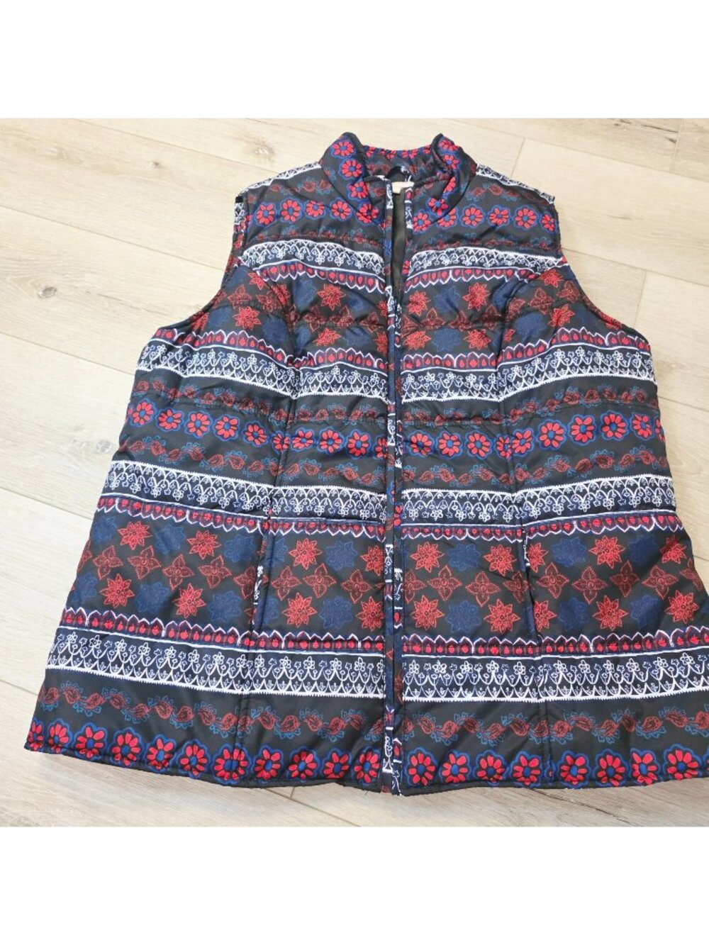 Woman Within Floral Stripe Quilted Puffer Vest Americana Outdoors Cabincore 1X